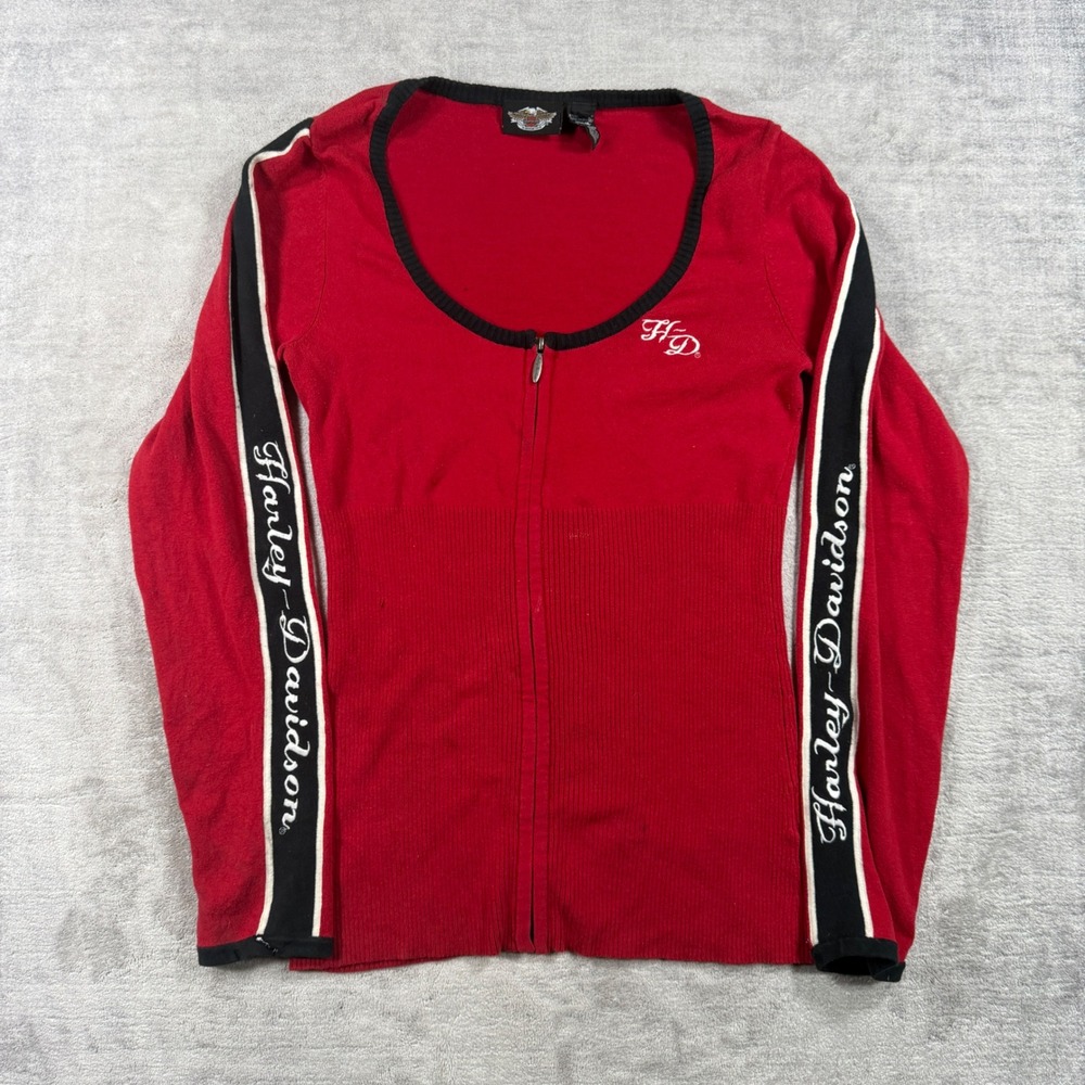 Harley Davidson Sweater Women Large Red Vtg Y2K Zip Up Ribbed Biker Moto Stripe